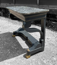 Load image into Gallery viewer, ANTIQUE 19th CENTURY FRENCH BLACK PAINTED OAK &amp; MARBLE TOPPED EMPIRE CONSOLE TABLE, c1900
