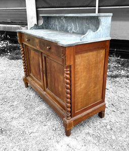 ANTIQUE 19th CENTURY FRENCH ORNATE WALNUT & MARBLE TOPPED WASHSTAND, c1900