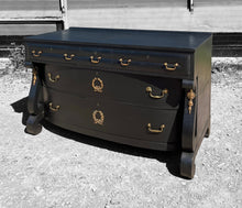 Load image into Gallery viewer, ANTIQUE 20th CENTURY FRENCH EMPIRE BLACK &amp; ORMOLU MOUNTED CHEST OF DRAWERS, c1920
