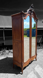 LARGE ANTIQUE 19th CENTURY FRENCH ORNATE FRUITWOOD MIRRORED DOUBLE ARMOIRE, c1900