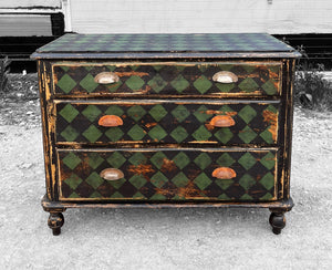 ANTIQUE 19th CENTURY EUROPEAN HARLEQUIN PAINTED CHEST OF DRAWERS, c1900