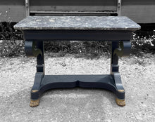 Load image into Gallery viewer, ANTIQUE 19th CENTURY FRENCH BLACK PAINTED OAK &amp; MARBLE TOPPED EMPIRE CONSOLE TABLE, c1900
