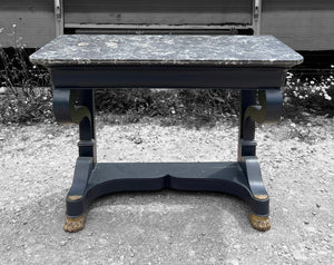 ANTIQUE 19th CENTURY FRENCH BLACK PAINTED OAK & MARBLE TOPPED EMPIRE CONSOLE TABLE, c1900