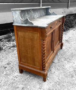 ANTIQUE 19th CENTURY FRENCH ORNATE WALNUT & MARBLE TOPPED WASHSTAND, c1900