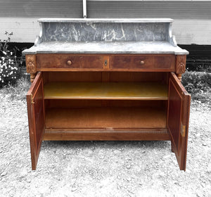 ANTIQUE 19th CENTURY FRENCH ORNATE WALNUT & MARBLE TOPPED WASHSTAND, c1900