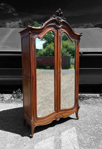 LARGE ANTIQUE 19th CENTURY FRENCH ORNATE FRUITWOOD MIRRORED DOUBLE ARMOIRE, c1900