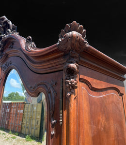 LARGE ANTIQUE 19th CENTURY FRENCH ORNATE FRUITWOOD MIRRORED DOUBLE ARMOIRE, c1900