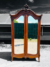 Load image into Gallery viewer, LARGE ANTIQUE 19th CENTURY FRENCH ORNATE FRUITWOOD MIRRORED DOUBLE ARMOIRE, c1900
