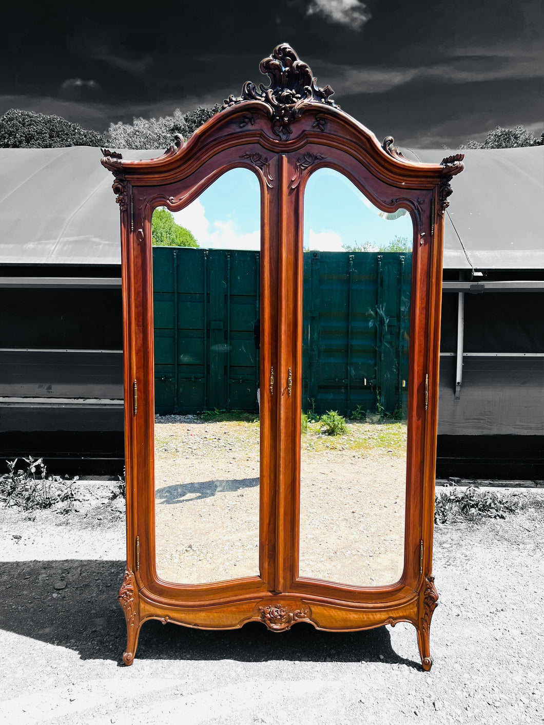 LARGE ANTIQUE 19th CENTURY FRENCH ORNATE FRUITWOOD MIRRORED DOUBLE ARMOIRE, c1900