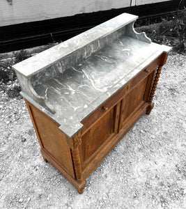 ANTIQUE 19th CENTURY FRENCH ORNATE WALNUT & MARBLE TOPPED WASHSTAND, c1900