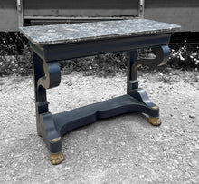 Load image into Gallery viewer, ANTIQUE 19th CENTURY FRENCH BLACK PAINTED OAK &amp; MARBLE TOPPED EMPIRE CONSOLE TABLE, c1900
