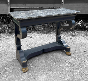 ANTIQUE 19th CENTURY FRENCH BLACK PAINTED OAK & MARBLE TOPPED EMPIRE CONSOLE TABLE, c1900