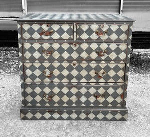 ANTIQUE 19th CENTURY ENGLISH PAINTED GEOMETRIC CHEST OF DRAWERS, c1900