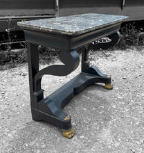 Load image into Gallery viewer, ANTIQUE 19th CENTURY FRENCH BLACK PAINTED OAK &amp; MARBLE TOPPED EMPIRE CONSOLE TABLE, c1900
