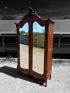 LARGE ANTIQUE 19th CENTURY FRENCH ORNATE FRUITWOOD MIRRORED DOUBLE ARMOIRE, c1900