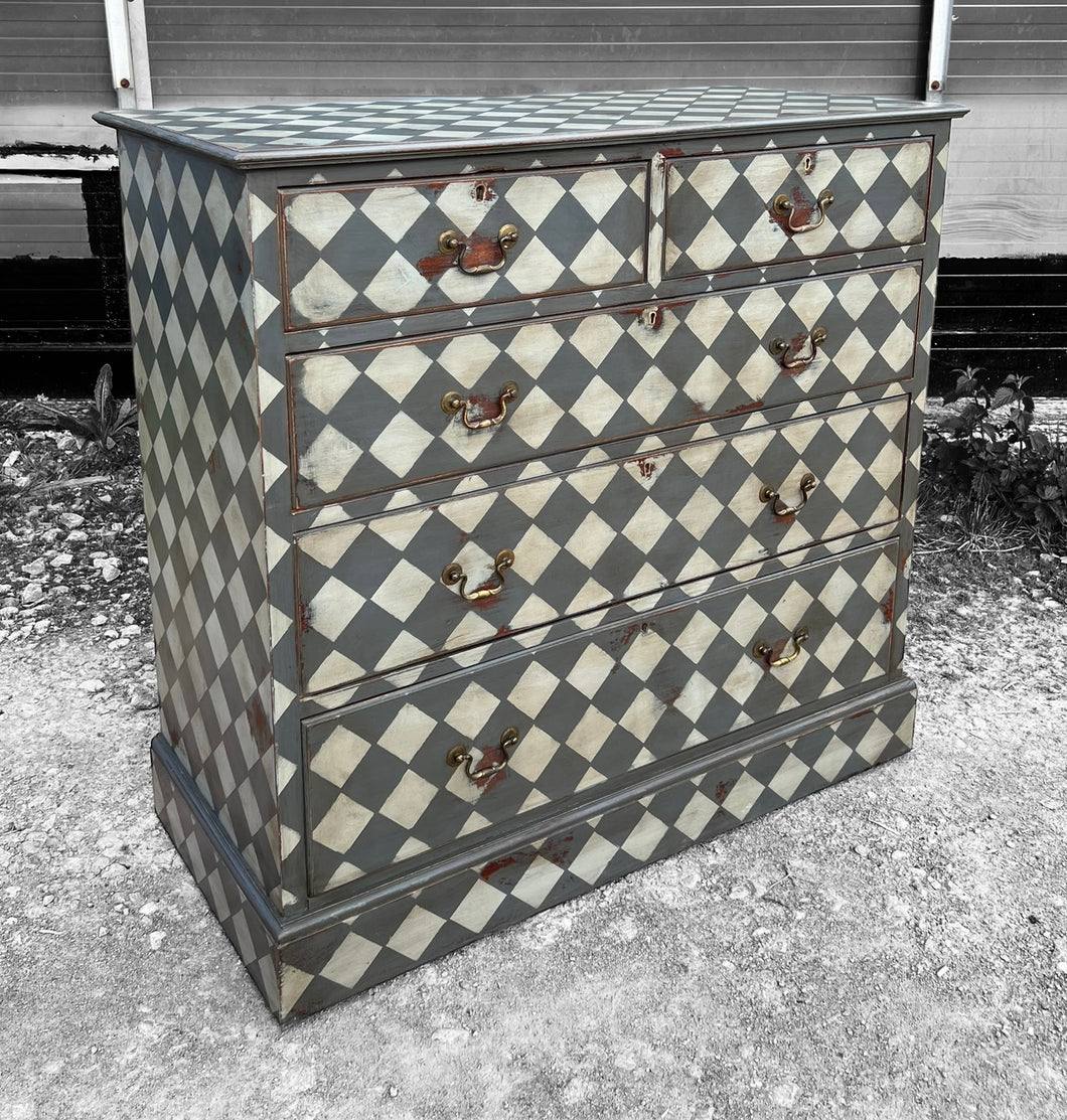 ANTIQUE 19th CENTURY ENGLISH PAINTED GEOMETRIC CHEST OF DRAWERS, c1900