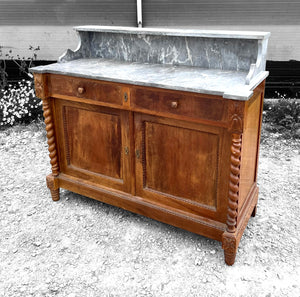 ANTIQUE 19th CENTURY FRENCH ORNATE WALNUT & MARBLE TOPPED WASHSTAND, c1900