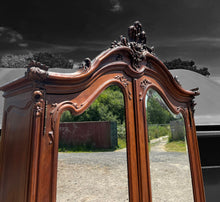 Load image into Gallery viewer, LARGE ANTIQUE 19th CENTURY FRENCH ORNATE FRUITWOOD MIRRORED DOUBLE ARMOIRE, c1900
