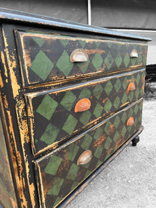 ANTIQUE 19th CENTURY EUROPEAN HARLEQUIN PAINTED CHEST OF DRAWERS, c1900