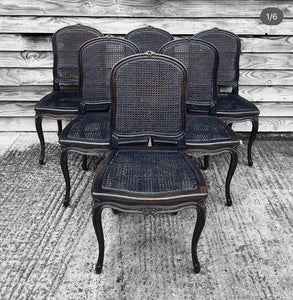 ANTIQUE 20th CENTURY FRENCH SET OF 6 BLACK EBONISED & CANED UPHOLSTERED DINING CHAIRS, c1920