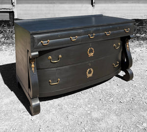 ANTIQUE 20th CENTURY FRENCH EMPIRE BLACK & ORMOLU MOUNTED CHEST OF DRAWERS, c1920