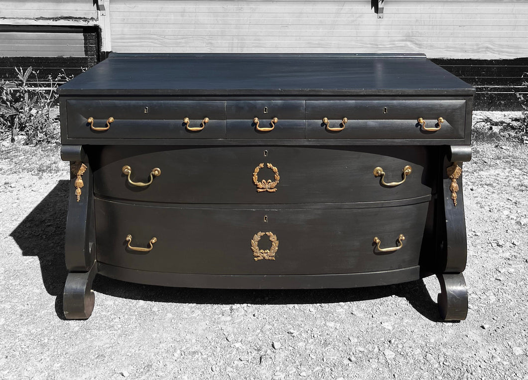 ANTIQUE 20th CENTURY FRENCH EMPIRE BLACK & ORMOLU MOUNTED CHEST OF DRAWERS, c1920