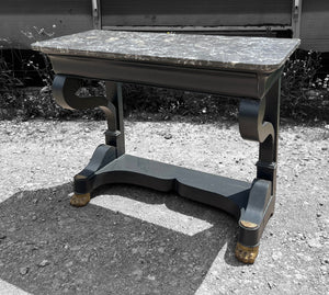 ANTIQUE 19th CENTURY FRENCH BLACK PAINTED OAK & MARBLE TOPPED EMPIRE CONSOLE TABLE, c1900