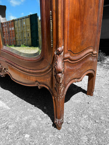 LARGE ANTIQUE 19th CENTURY FRENCH ORNATE FRUITWOOD MIRRORED DOUBLE ARMOIRE, c1900