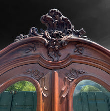 Load image into Gallery viewer, LARGE ANTIQUE 19th CENTURY FRENCH ORNATE FRUITWOOD MIRRORED DOUBLE ARMOIRE, c1900
