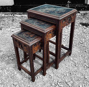 20TH CENTURY SET OF 3 ORNATE ORIENTAL MAHOGANY NEST TABLES, C1940