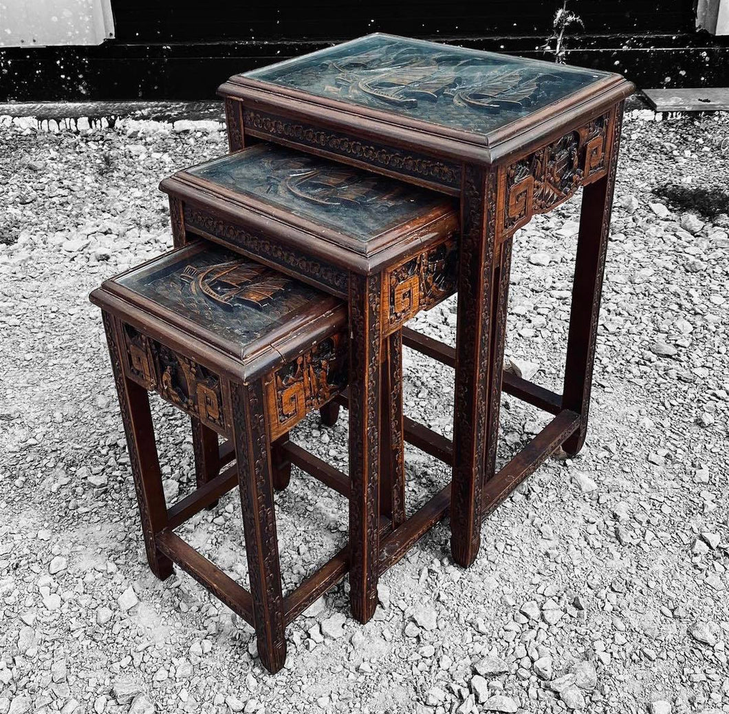 20TH CENTURY SET OF 3 ORNATE ORIENTAL MAHOGANY NEST TABLES, C1940