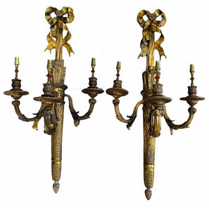 ANTIQUE LARGE 19TH CENTURY FRENCH PAIR OF GILTWOOD WALL SCONCES, C1900