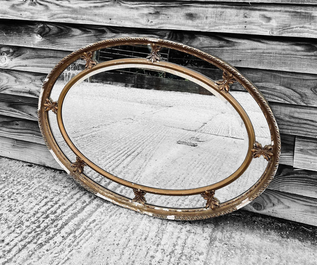 ANTIQUE LARGE 19TH CENTURY FRENCH OVAL GILTWOOD WALL MIRROR, C1900