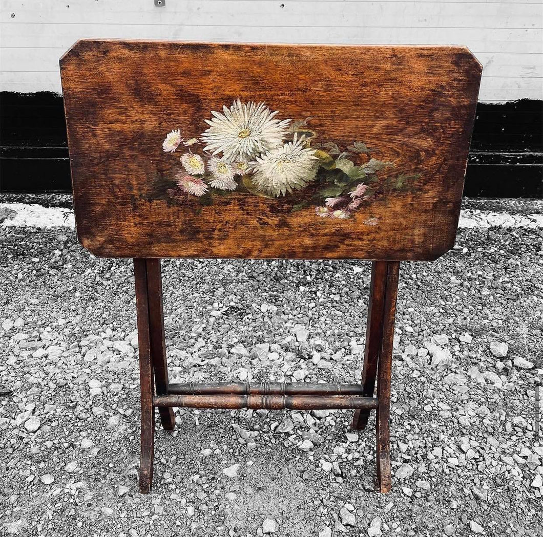 ANTIQUE 19TH CENTURY FRENCH OAK & HAND PAINTED FOLDING SIDE TABLE, C1900