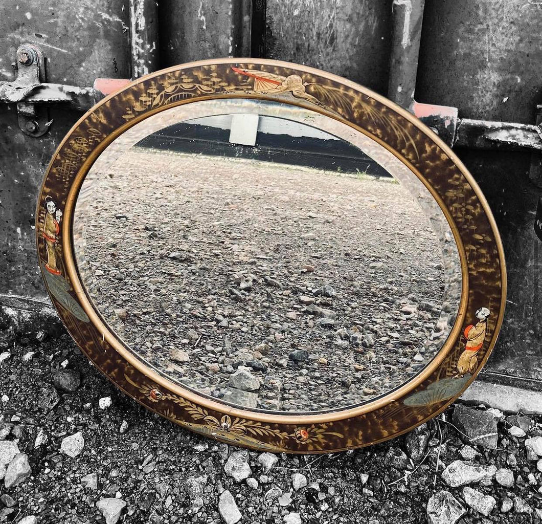 ANTIQUE 20TH CENTURY CHINOISERIE OVAL WALL MIRROR, c1920