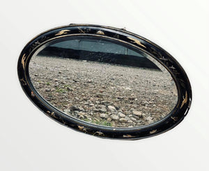 ANTIQUE 20TH CENTURY BLACK LACQUERED CHINOISERIE OVAL WALL MIRROR, C1920