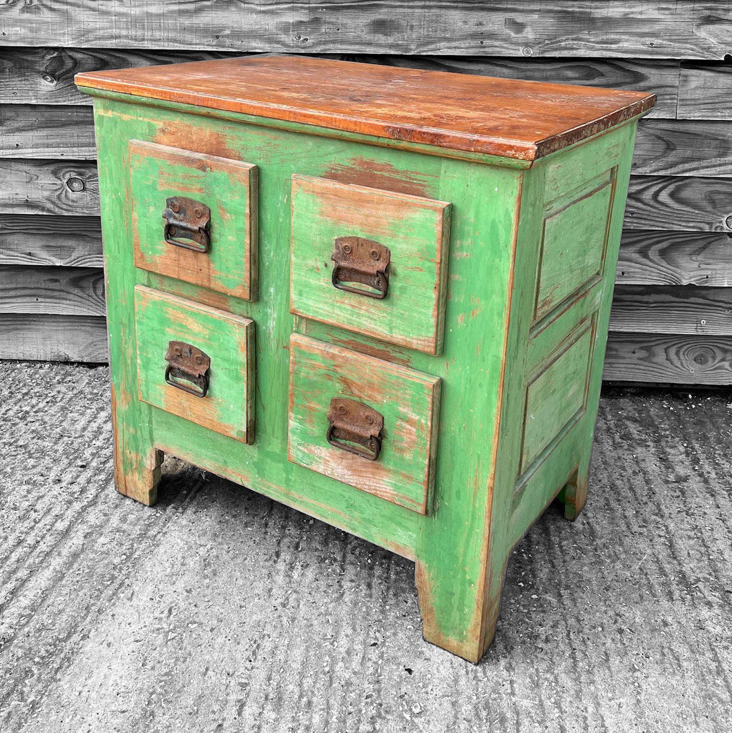 ANTIQUE 19TH CENTURY FRENCH RUSTIC GREEN PAINTED CHEST WITH DRAWERS, C1900