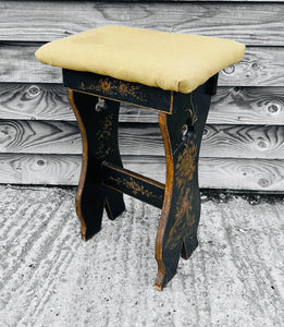 ANTIQUE 19TH CENTURY BLACK ORNATE CHINOISERIE & UPHOLSTERED STOOL, C1900