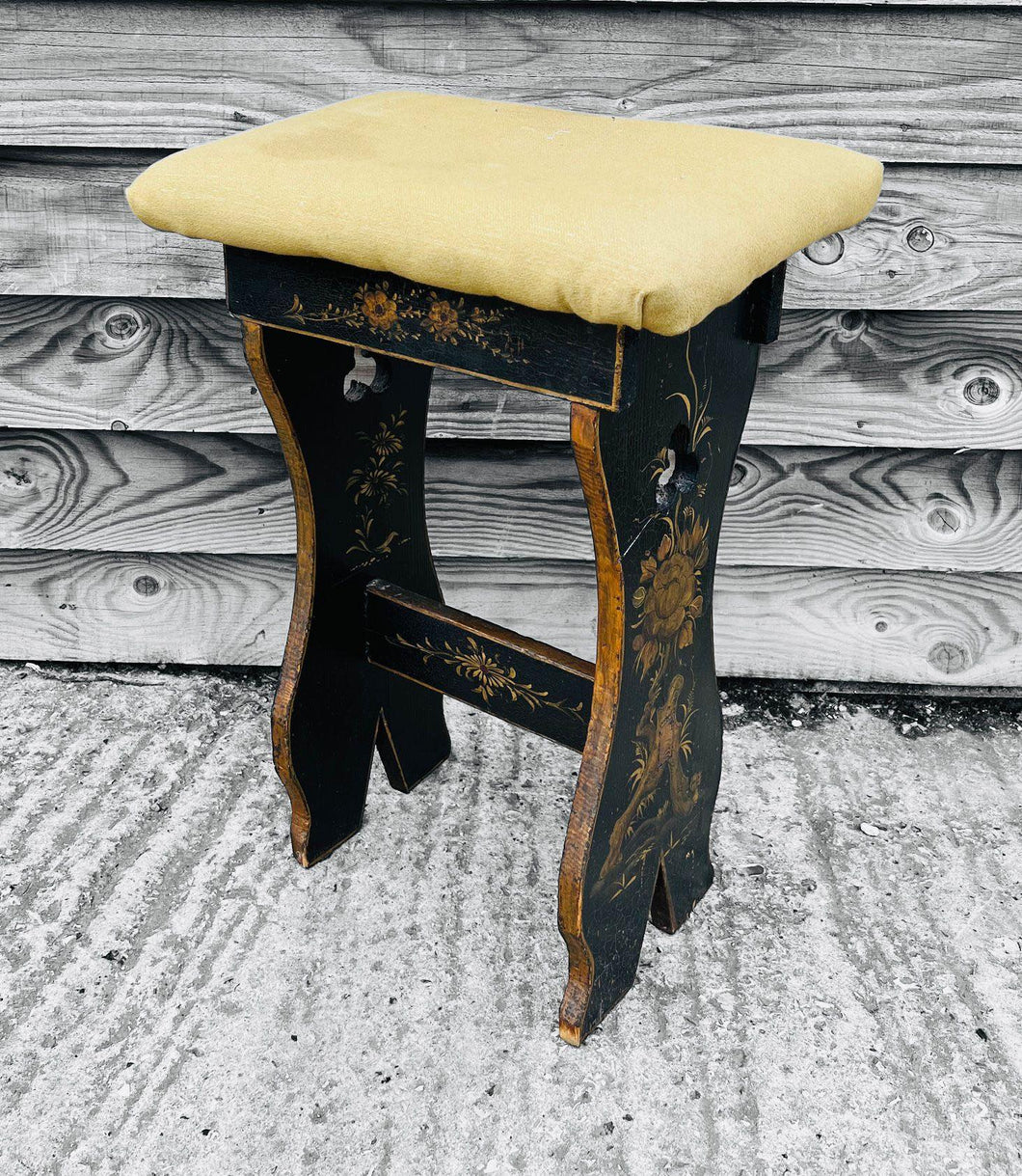 ANTIQUE 19TH CENTURY BLACK ORNATE CHINOISERIE & UPHOLSTERED STOOL, C1900