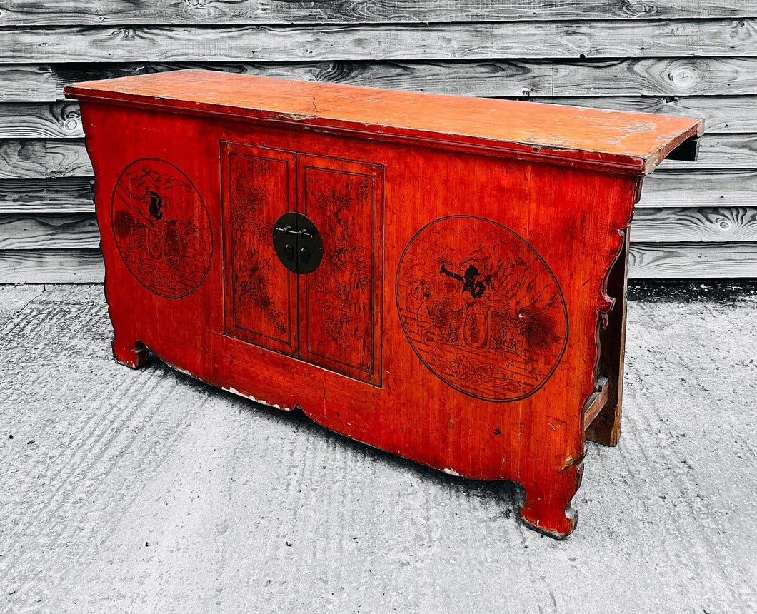 ANTIQUE 19TH CENTURY CHINESE ORIENTAL RED ORNATE MARRIAGE SIDEBOARD, C1860