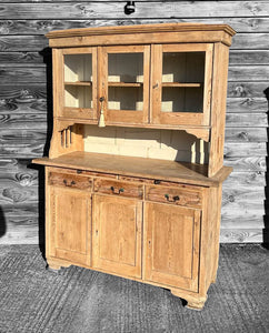 ANTIQUE 19TH CENTURY FRENCH RUSTIC PINE & GLAZED KITCHEN DRESSER, C1900