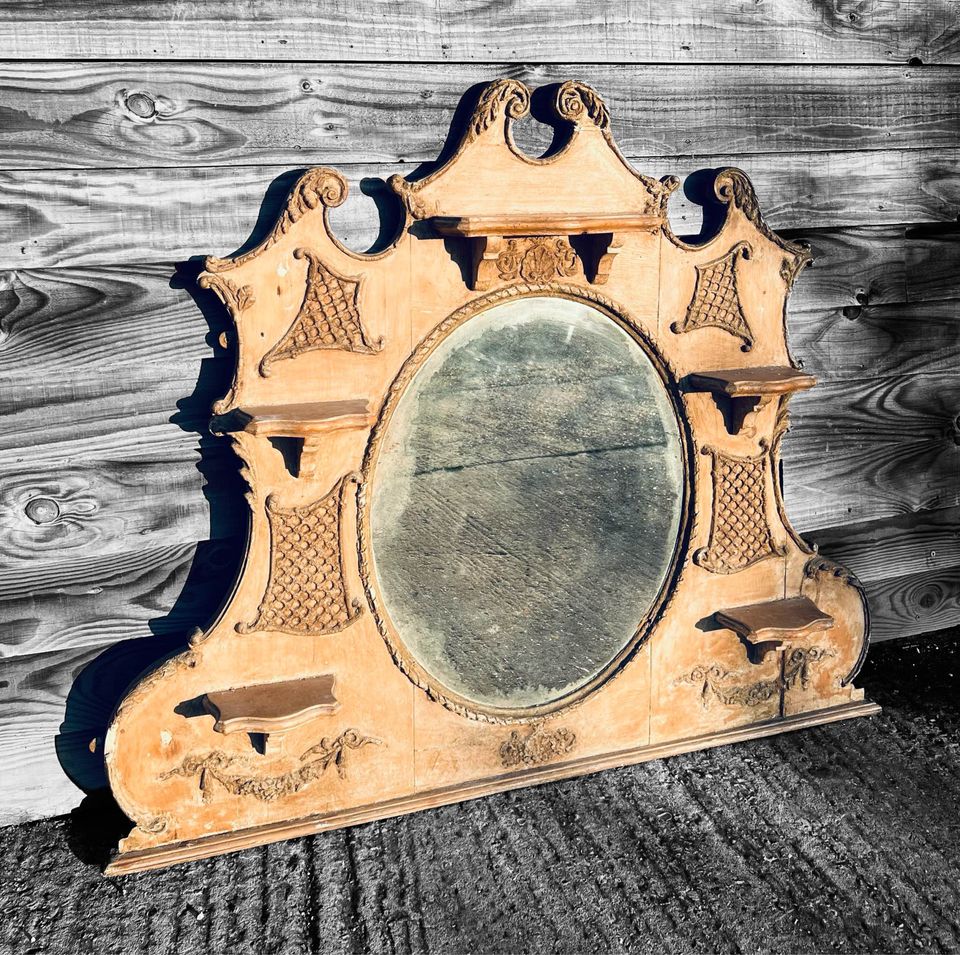 ANTIQUE 19TH CENTURY FRENCH ORNATE STRIPED PINE & PLASTER WALL MIRROR, C1900