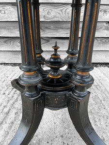 ANTIQUE 19TH CENTURY FRENCH EBONISED INLAID TILT TOP CENTRE TABLE, c1900