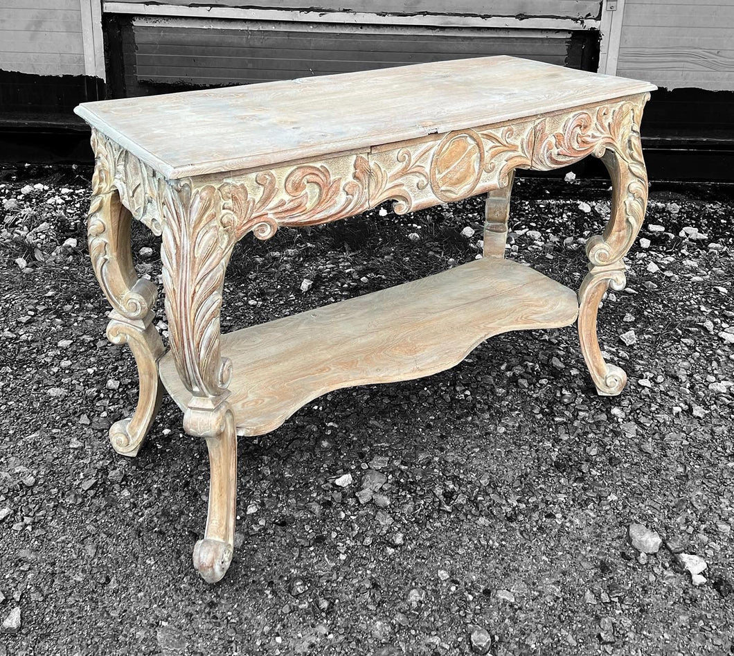 ANTIQUE 20TH CENTURY FRENCH ORNATE CARVED LIMED OAK CONSOLE TABLE, C1920