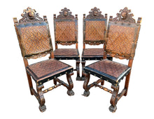 Load image into Gallery viewer, ANTIQUE 19th CENTURY SET OF 6 SPANISH OAK &amp; EMBOSSED LEATHER DINING CHAIRS, c1900
