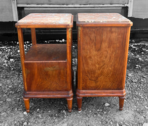 ANTIQUE 19TH CENTURY FRENCH PAIR OF MAHOGANY ORMOLU MOUNTED & MARBLE TOPPED BEDSIDE TABLES, c1900