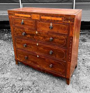 ANTIQUE 19th CENTURY ENGLISH FLAMED MAHOGANY & INLAID CHEST OF DRAWERS, c1900