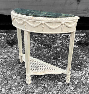 20TH CENTURY FRENCH ORNATE MARBLE TOPPED DEMI LUNE CONSOLE TABLE, C1940