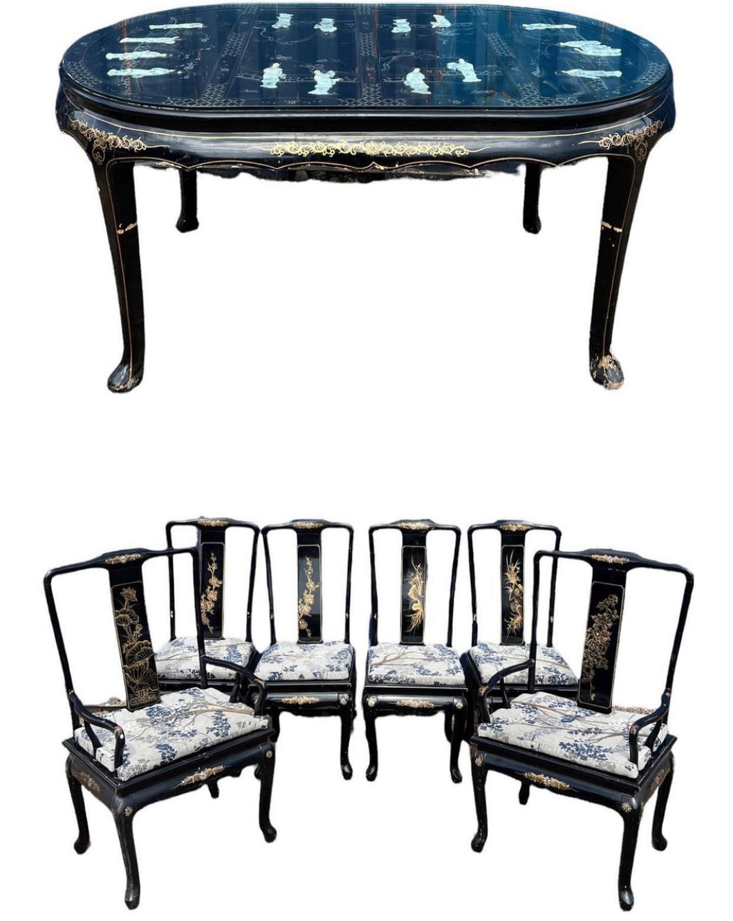 20TH CENTURY CHINESE ORIENTAL BLACK LACQUERED DINING TABLE & 6 DINING CHAIRS, C1970