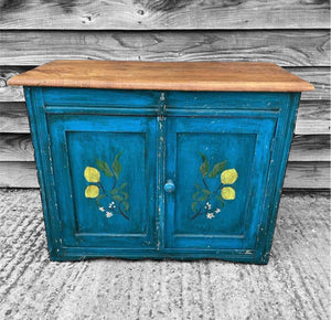 ANTIQUE 19TH CENTURY FRENCH HAND PAINTED & OAK TOPPED CUPBOARD, C1900